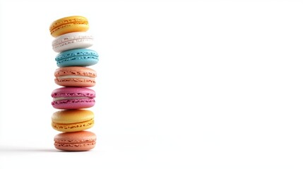 Colorful Macarons Stacked in a Tower on a White Background Perfect for Sweet Treats and Dessert Concepts