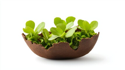 Fresh Green Sprouts Growing in a Unique Chocolate Shell Bowl on a White Background for Food Decoration Concepts