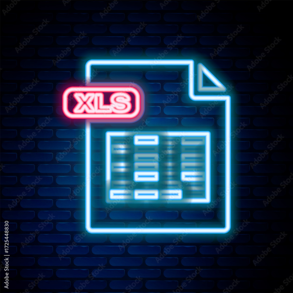 Poster glowing neon line xls file document. download xls button icon isolated on brick wall background. exc