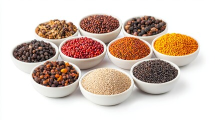 Assorted Spices and Seeds in Bowls on White Background for Culinary and Food Preparation Inspirations