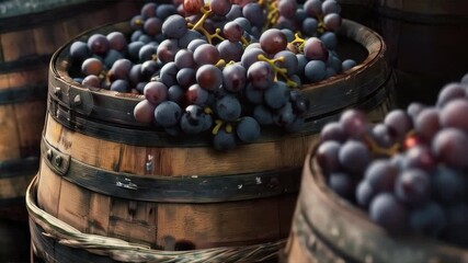 Grapes in wooden barrels, prepared for winemaking, soft natural light. Useful for materials about winemaking, agriculture, harvesting traditions, as well as in culinary projects and articles about hea