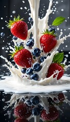 Fresh strawberries and blueberries splashing into milk
