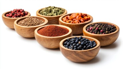 Assorted Spices in Wooden Bowls on a Clean Background for Culinary Inspiration and Flavor Exploration
