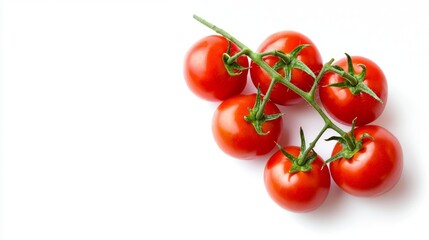 Fresh Red Cherry Tomatoes on a Green Stem Isolated on a Clean White Background Perfect for Food and Culinary Use