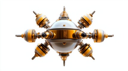 Futuristic spherical device with golden accents and technological details, showcasing intricate designs and innovative engineering