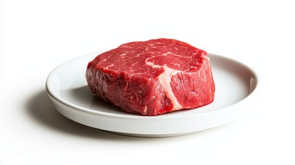 Fresh Cut Red Meat Steak on White Plate Isolated on White Background for Culinary and Food Photography Use