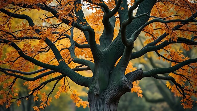 Two intertwined trees support each other in autumn, symbolizing family and change.
