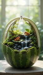 Miniature garden terrarium inside a watermelon with frogs and waterfall