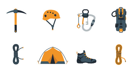 Essential climbing and hiking equipment illustrated in a flat vector style
