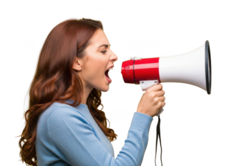 Passionate woman shouting announcement through red and white megaphone energetically isolated on transparent background