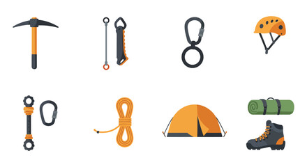 Essential climbing and camping gear illustrated in a flat vector style