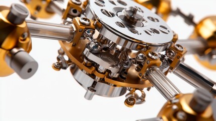 Detailed close-up of a futuristic mechanical assembly showcasing precision engineering and intricate design in metallic colors