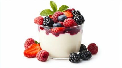 Fresh and Creamy Yogurt Dessert with Mixed Berries and Mint Garnish in Clear Glass Bowl on White Background
