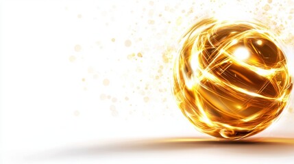 Shimmering Golden Sphere with Light Trails and Bokeh Effects on a White Background for Abstract Art and Design Projects