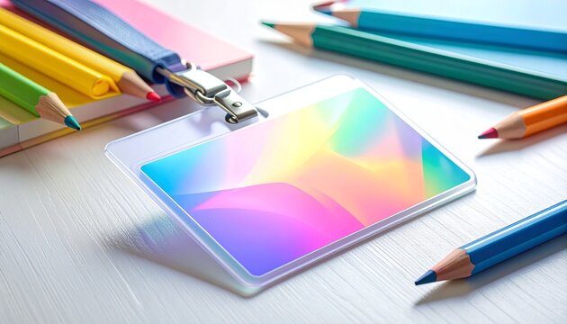 Colorful name tag sits on a white desk surrounded by colored pencils, creating a vibrant and creative workspace atmosphere.