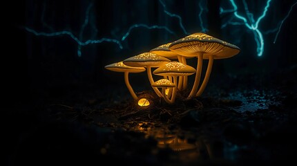 Glowing bioluminescent mushrooms in mystical forest at dim light&rdquo;Fantastic Frontiers Digital Artwork series ar 16:9
