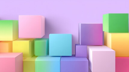 Obraz premium A vibrant arrangement of pastel-colored cubes creates a cheerful and geometric display against a light purple background.
