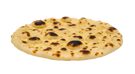 A single piece of freshly baked naan bread isolated on a transparent background, showcasing its bubbly texture and charred spots