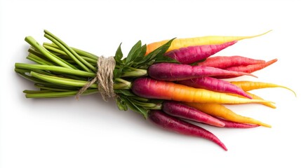 Colorful Variety of Fresh Radishes with Green Stems, Tied with Twine on White Background for Healthy Food Photography
