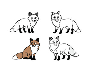 Four charming hand drawn illustrations of foxes in various poses two in black and white outline and two in full color