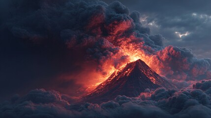 Violent volcanic eruption with glowing lava flow, dark smoke, and ash clouds in the sky