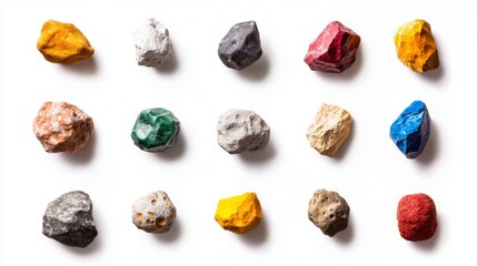 Diverse Collection of Colorful Rocks and Stones Displayed on White Background for Nature and Art Themes
