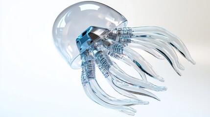 Transparent Jellyfish with Elongated Tentacles Floating Elegantly in a Calm Ocean Environment Against a Soft Blue Background