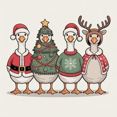 Festive cartoon geese dressed in Christmas attire, celebrating the holiday season with joy and cheer.