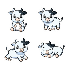 Set of 4 Cute Baby Cow Cartoon Poses Vector Illustration