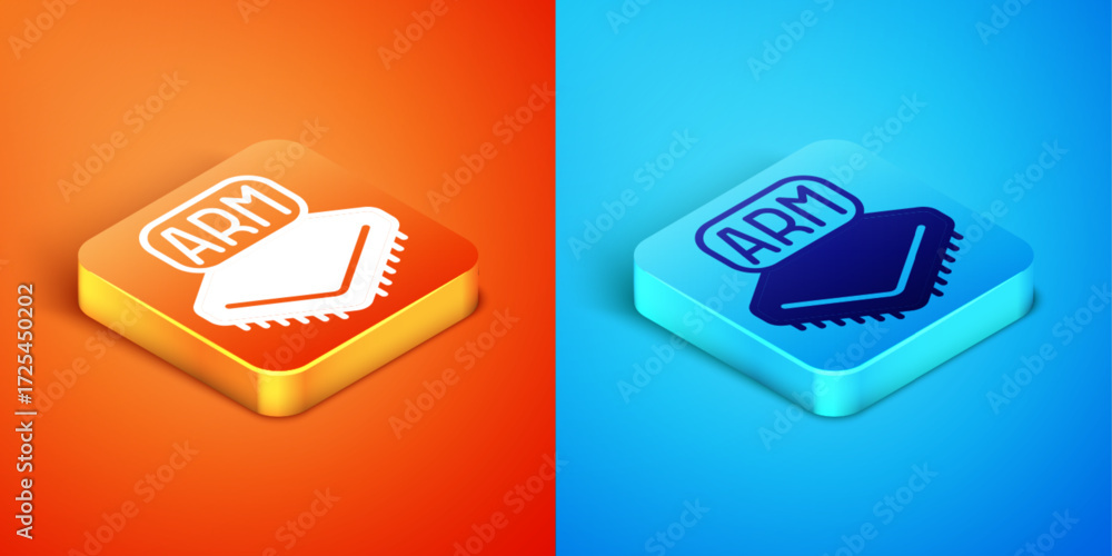 Poster isometric processor icon isolated on orange and blue background. cpu, central processing unit, micro