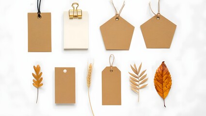 Autumnal tags and leaves flat lay on white background for seasonal designs and marketing