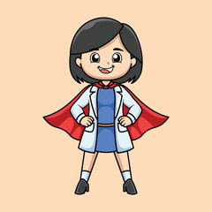 Super Doctor Woman Cartoon Mascot with Red Cape Vector Illustration