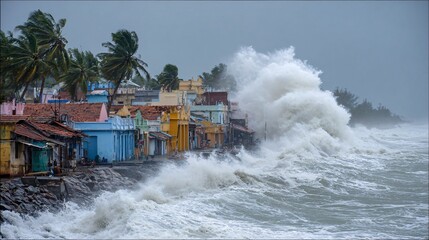 Cyclone striking coastal fishing village with massive waves and heavy rainfall