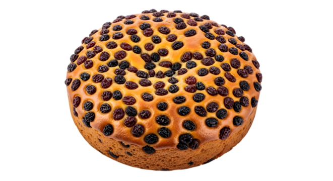Round raisin cake isolated on transparent background, a delicious baked dessert perfect for breakfast or tea time