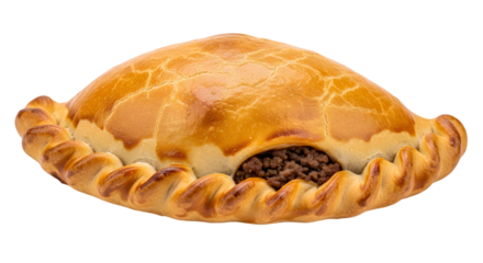 Golden baked empanada with a crimped crust and savory meat filling, isolated on transparent background