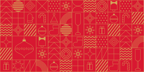 Christmas seamless pattern with golden line icons on red background. Vector holiday design.
