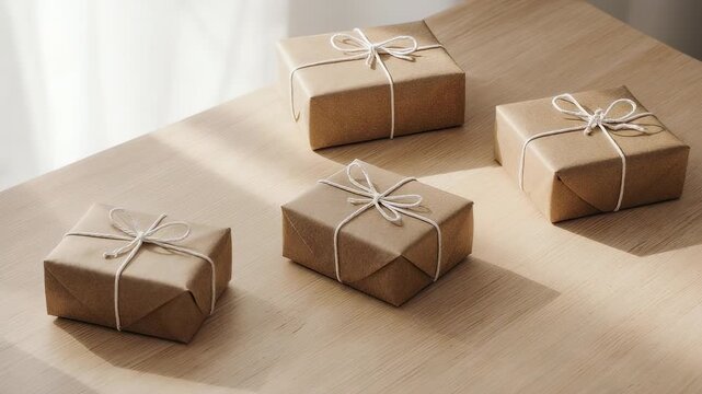 クラフト紙と白い紐で包まれたシンプルなクリスマスギフトボックス。
清潔感のある木製テーブルの上に置かれ、柔らかなシネマティックな光に照らされています。