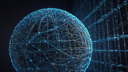 Glowing network sphere with interconnected nodes and lines against dark background