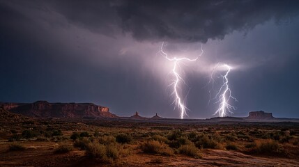 Lightning bolts striking desert during night storm illuminating mesas