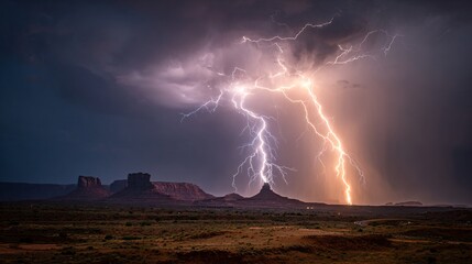 Lightning bolts striking desert during night storm illuminating mesas
