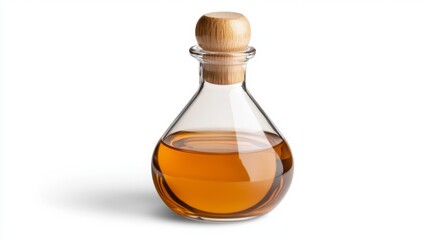 Elegant glass bottle with wooden stopper filled with amber liquid on a white background for culinary and beverage themes