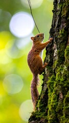 Squirrel climbing a mossy tree trunk