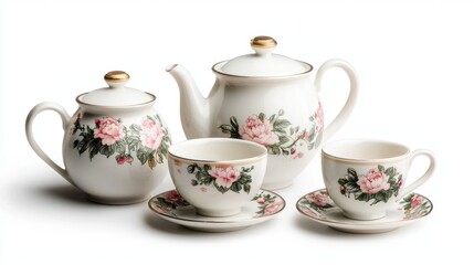 Elegant porcelain tea set with floral design in delicate pink and white colors on a light background