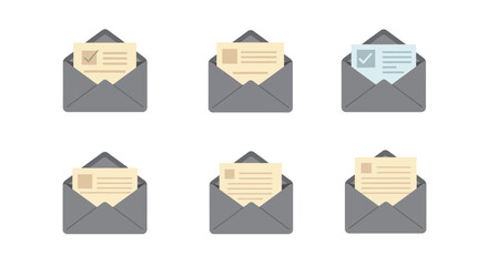 Six envelopes containing letters some with checkmarks in a flat design