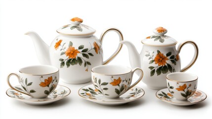 Elegant porcelain tea set with floral design, featuring teapot, cream pitcher, sugar bowl, cups, and saucers for afternoon tea