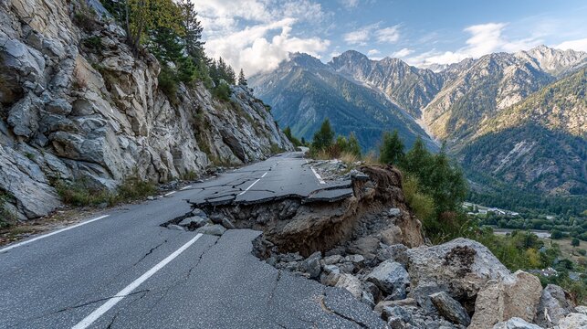 Earthquake epicenter in mountains causing rockfall and destroyed roads