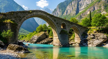Fototapeta premium Beautiful landscape with old stone bridge and mountains 