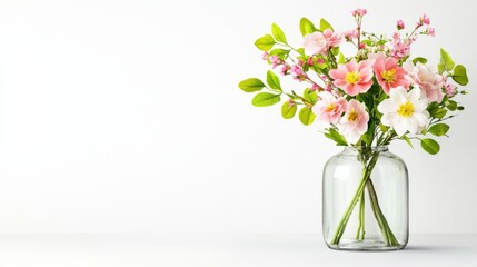 Beautiful bouquet of pink flowers in a clear glass vase on a simple white background for floral decor or design projects