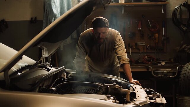 A mechanic works diligently on a car in a garage, examining the engine as smoke billows out. The atmosphere showcases tools and equipment typical of a busy workshop