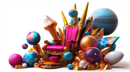 Luxurious Golden Throne Surrounded by Colorful Celestial Orbs and Shiny Crystals in a Fantasy Universe Setting